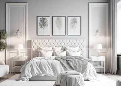 bed with white/cream headboard and gray bedspread